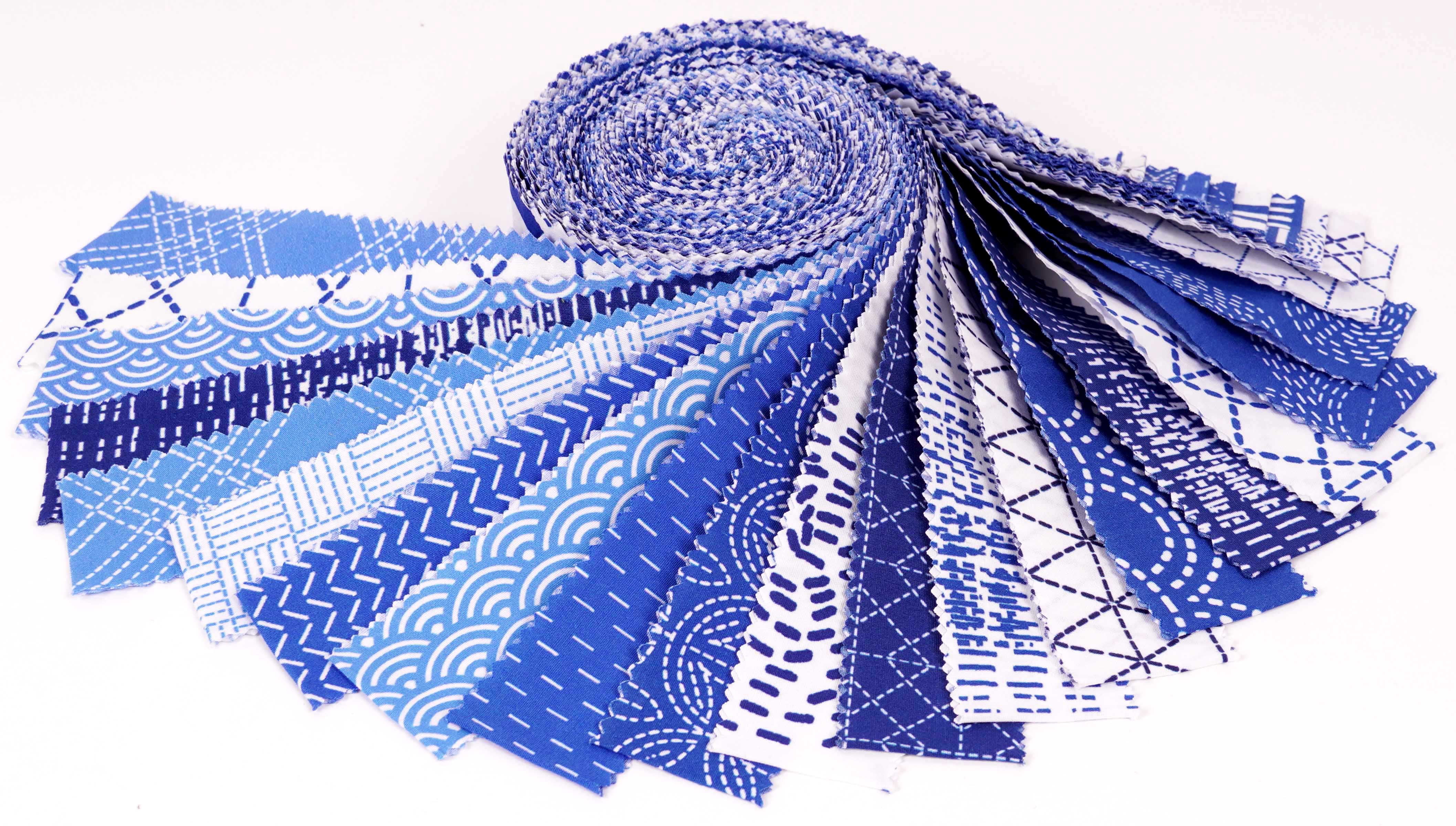 Soimoi 40Pcs Japanese Sashiko Print Precut Fabrics Strips Roll Up 1.5x42inches Cotton Jelly Rolls For Quilting - Medium Blue