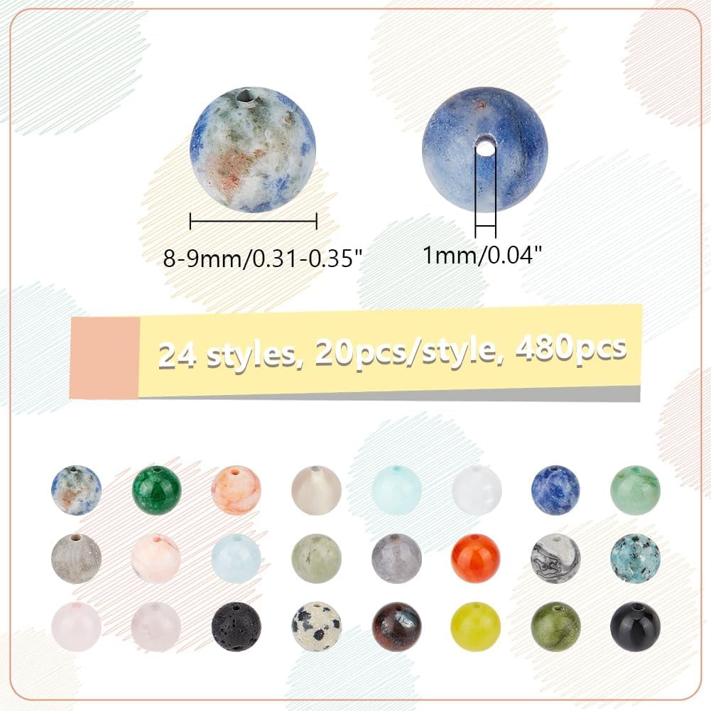 About 480 Pcs Mixed Gemstone Round Beads 24 Styles 8mm Natural Stone Loose Beads Undyed Dyed Agate Beads Jasper Beads Map Beads for Bracelet Jewelry Making Mixed Color