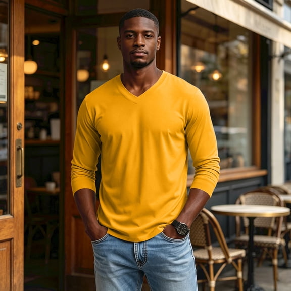 Dwelliawo Men's Big and Tall Shirts Cotton V Neck Long Sleeve Tops Loose Fit Casual Overszied Fall Soft Basic Tee Yellow XL