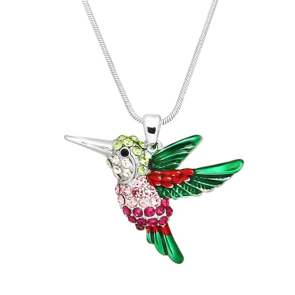 Hummingbird Pendant Necklace Rhinestone Crystal Rhodium Plated 17 Inch Snake Chain J0386