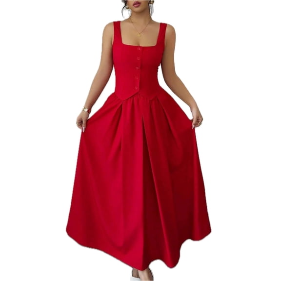 Women's Square Neck Wide Strap Midi Dress Buttoned Basic Style for Everyday Wear 95% polyester 5% elastane chic