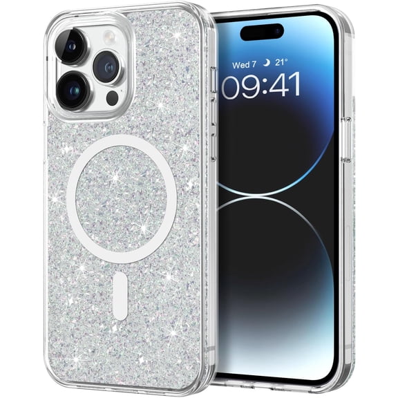 Case for iPhone 14 Pro max,[Compatible with MagSafe] Clear Glitter  Crystal Cute Slim Bling Sparkly Women Girls Girly Soft Shockproof Protective Phone Cover 6.7 Inch, Sliver