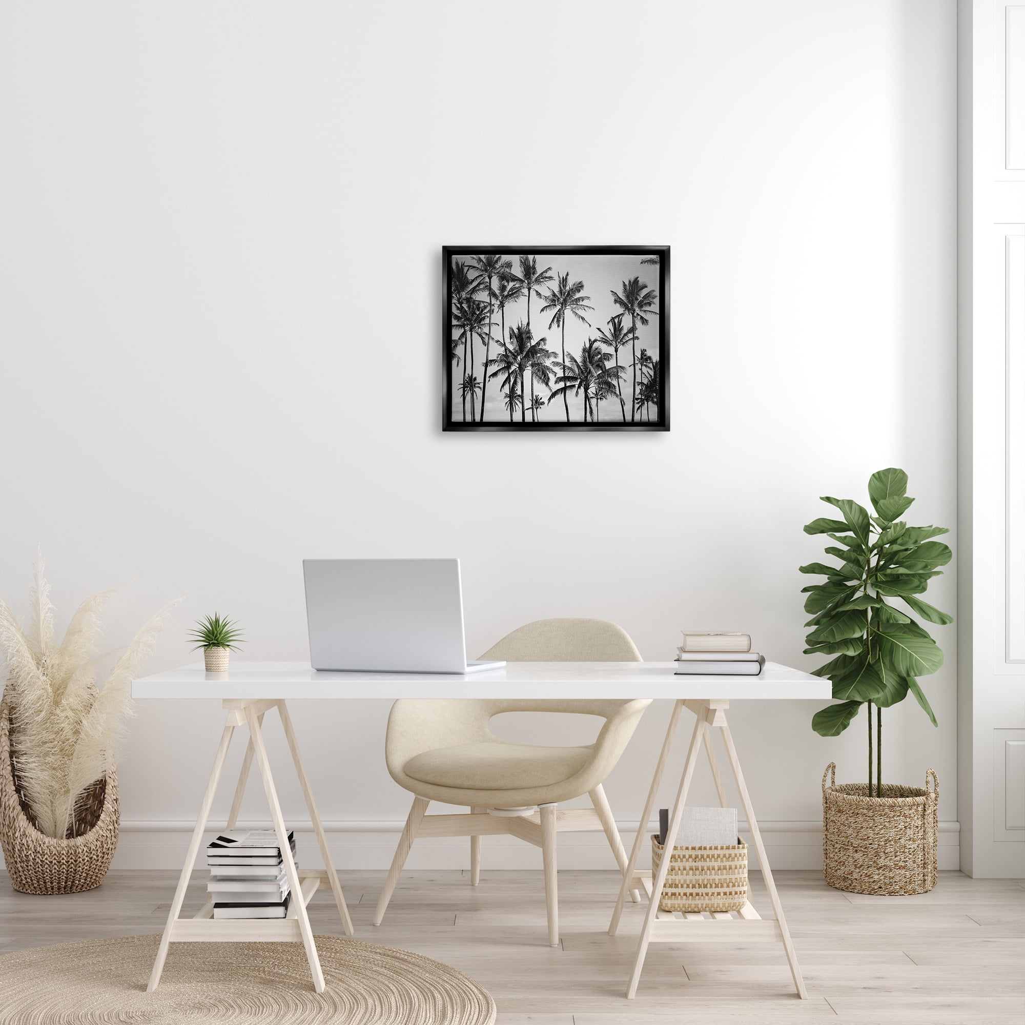 Stupell Industries Palm Trees Skyline Black and White Photography Jet Black Framed Floating Canvas Wall Art, 16x20, by Design Fabrikken