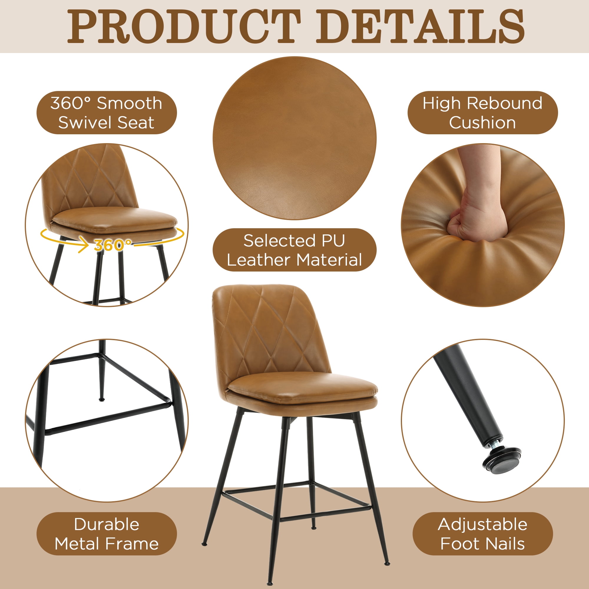 TEWLOSS 28" Bar Stools Set of 4 Swivel Barstools Faux Leather Kitchen Chairs, Brown