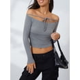 thumbnail image 5 of FEORJGP Women Long Sleeve Short T-Shirts Tie-Up Boat Neck Jumpers Off Shoulder Shirts Solid Color Blouses Slim Fit Cropped Tops Casual Fashion Streetwear for Spring Fall, 5 of 9