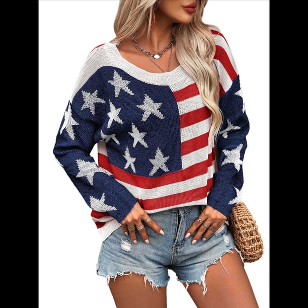 Suéter con Bandera Estadounidense para Mujer, Sudadera de Punto, Larga, Holgado, Estilo Invierno Otoño 2, Talla M