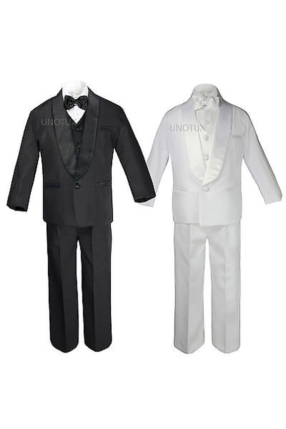 Baby Toddler Boy Communion Formal Shawl Satin Lapel Tuxedo Black White Suit S-20