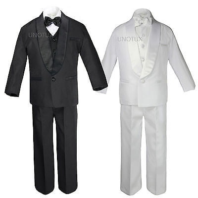 

Baby Toddler Boy Communion Formal Shawl Satin Lapel Tuxedo Black White Suit S-20
