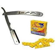 Classic Samurai CS-102 Stainless Steel Professional Barber Straight Edge Razor with 100 Shark Single Edge Razor Blades