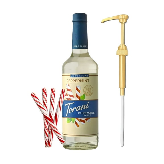Torani Puremade Zero Sugar Peppermint Flavouring Syrup, 25.4 fl oz (750ml) Glass Bottle with Absol Gold Pump