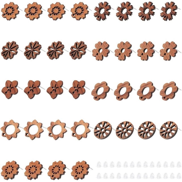 36 pendientes de madera de nogal de 9 estilos con 60 tuercas de plástico para pendientes, accesorios para hacer pendientes de madera.