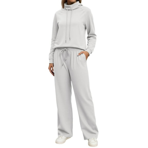 UJNDER Women's Casual Trousers Suit Set Long Sleeve High Neck Wide Leg High Waist Pants Outfit for Spring Autumn Daily Wear Pant Suits for Women White XXL