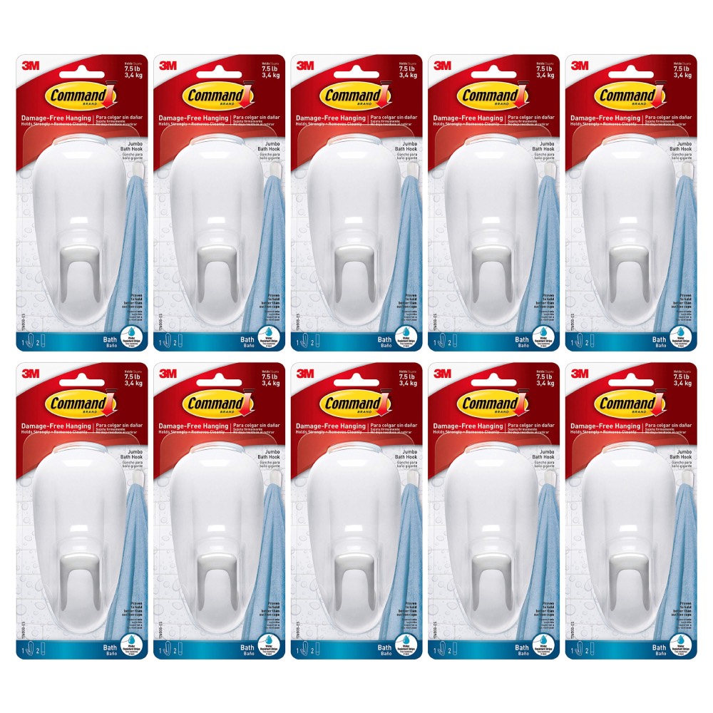 3M Command Large Bathroom Hook Water Resistant Adhesive, 10 Pack
