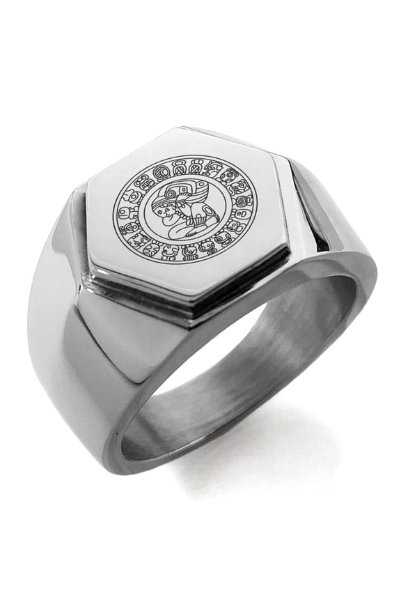 Stainless Steel Mayan Calendar Rune Engraved Hexagon Crest Flat Top Biker Style Polished Ring