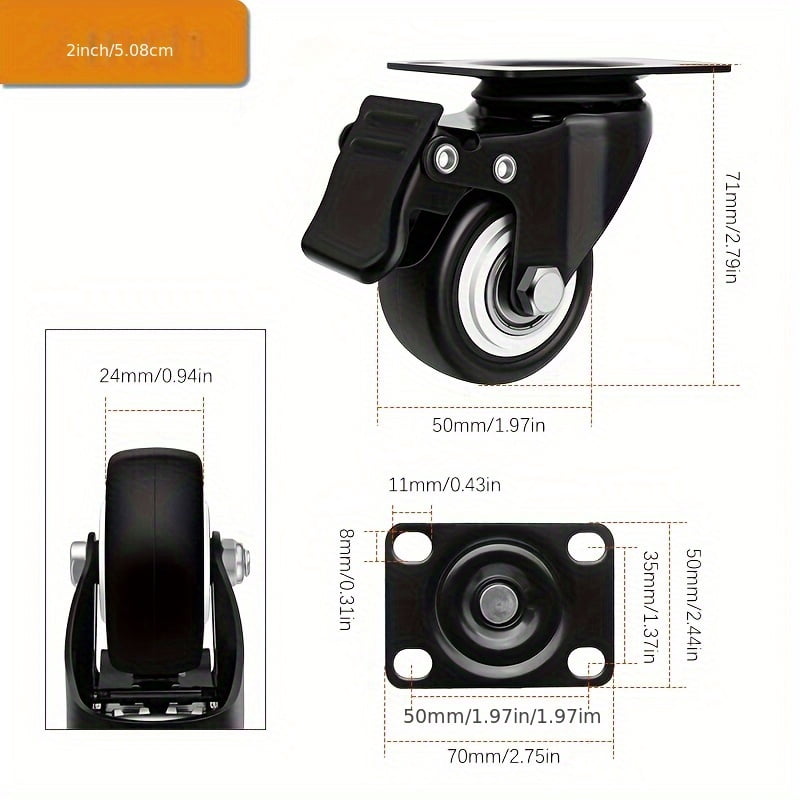 2" Plate Caster Wheels Heavy Duty 600 Lbs Load Capacity Swivel Casters with Brake Set Of 4, Safety Dual Locking, No Noise Wheels for Furniture, Carts (Screws And Screwdriver)