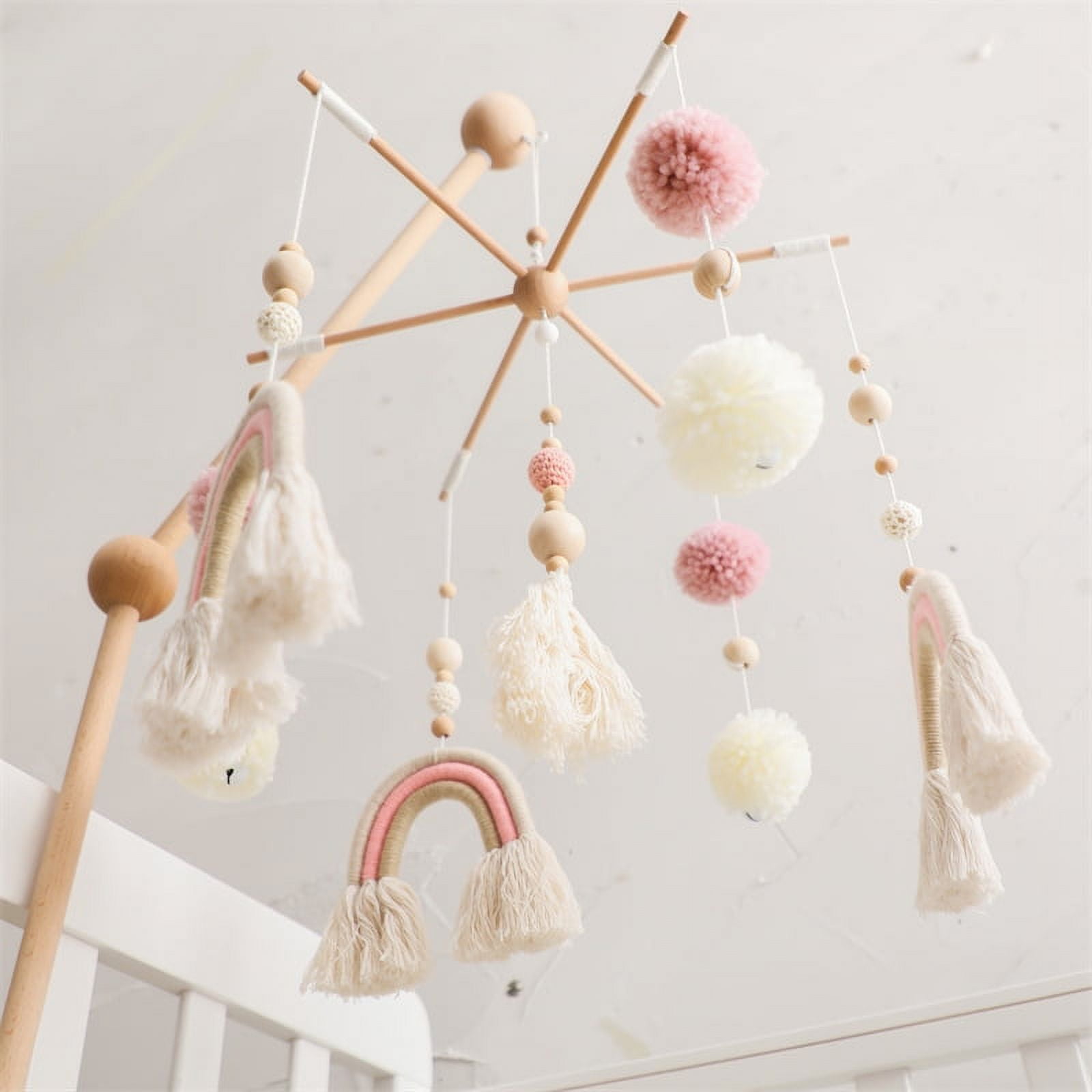 Baby Wooden Boho Rainbow Bed Bell Rattles Toys Hanging Pendant Newborn Toys Mobile Crib Bracket Montessori Toys Baby Birth Gift