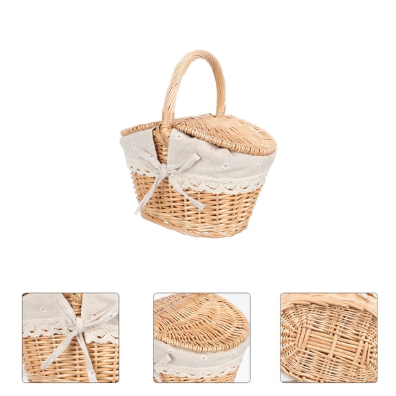 PAMINGONO Rattan Picnic Basket with Lid, Fruit Holder and Tote for Outdoor Garden, Beach, Camping, and Travel Use