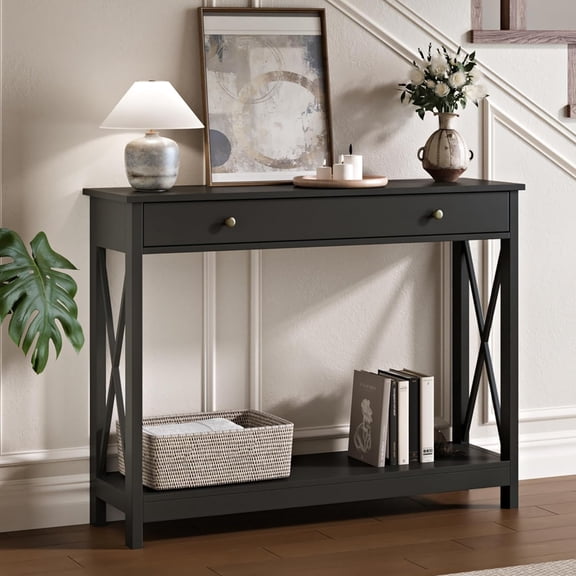 Console Table with Drawer and Storage Shelves, Foyer Sofa Table Narrow for Entryway, Living Room, Hallway