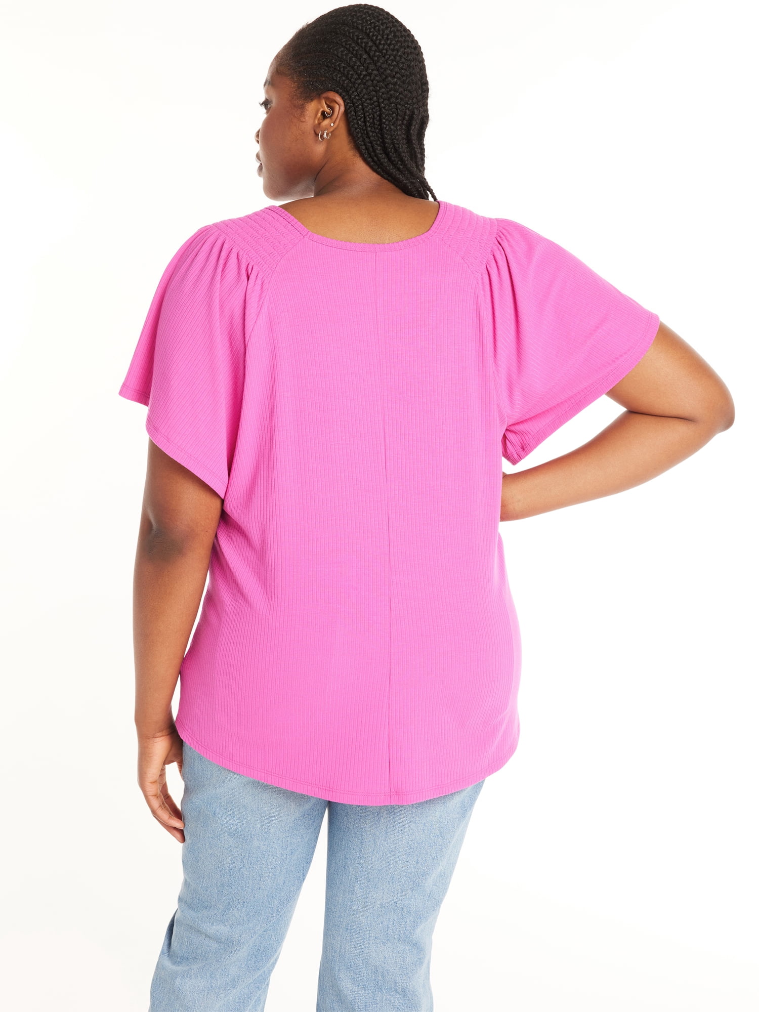 Terra & Sky Women's Plus Size Ribbed Flutter Sleeve Top, Sizes 0X-5X