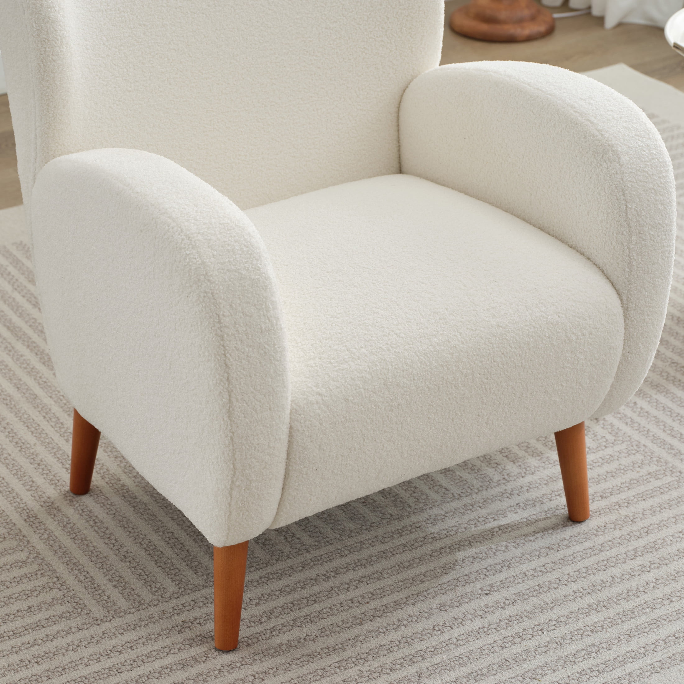 Modern Wingback Lounge Chair with Soft Fabric & Solid Wood Legs, Beige