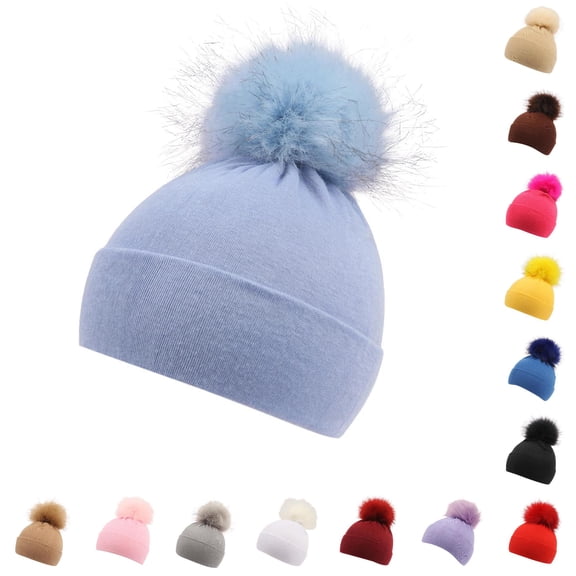 Krdevn Kids Solid Knit Beanie Large Pom Pom Soft Stretchy Warm Wool Winter Hat for Toddler Baby Boys Girls Autumn Cold Daily Outdoor