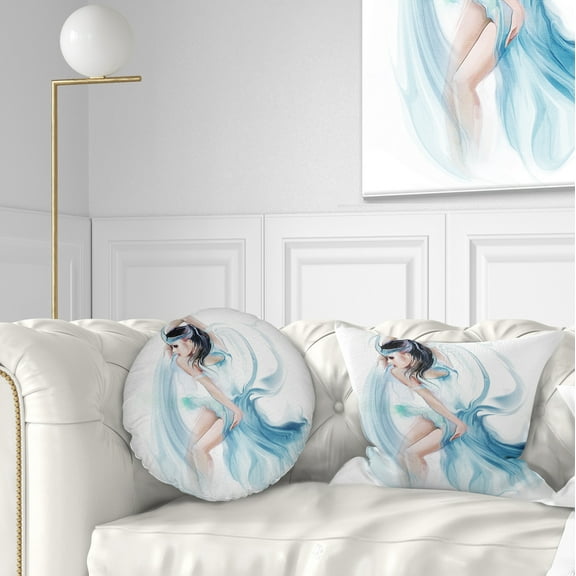 Designart Dancer Woman in Blue Dress - Digital Art Portrait Throw Pillow - 12x20