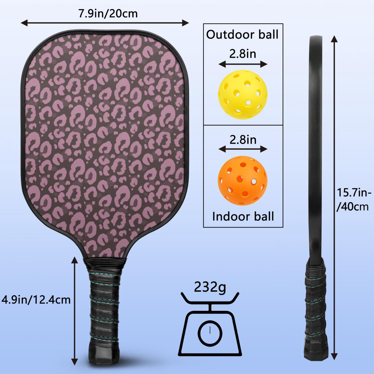 Pickleball Paddles Set Of 1, Fiberglass Surface, Animal, Leopard Print, 1 Paddle, 2 Balls & Bag