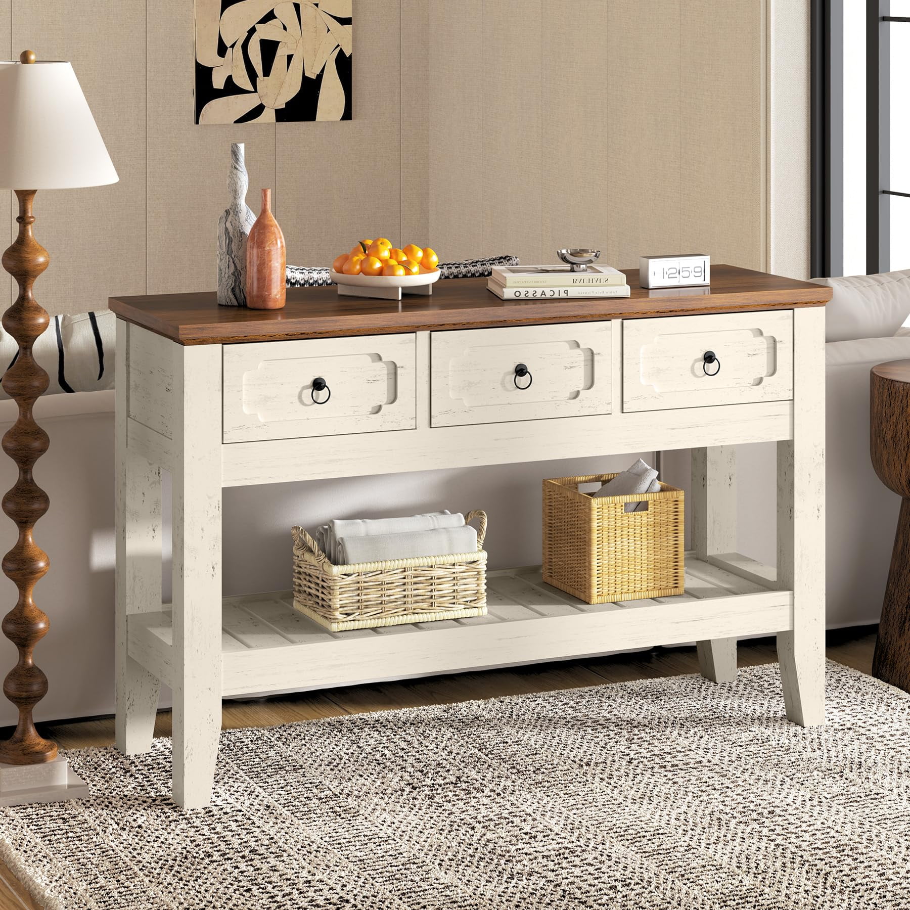 Danolapsi 47" Console Table with Drawers, Farmhouse Rustic Entryway Table with Bottom Shelf and Solid Wood Legs for Entryway, Living Room, Entrance, Foyer, Easy Assembly