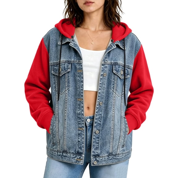 Women’s Denim Hoodie Jackets - Lightweight Button up Jeans Sweatshirt with Drawstring Hood Casual Long Sleeve Jackets, Xxl
