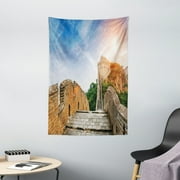 Great Wall of China Tapestry, Legendary Dynasty Monument on Cliffs Historical Countryside Art Design, Wall Hanging for Bedroom Living Room Dorm Decor, 40W X 60L Inches, Grey Blue, by Ambesonne