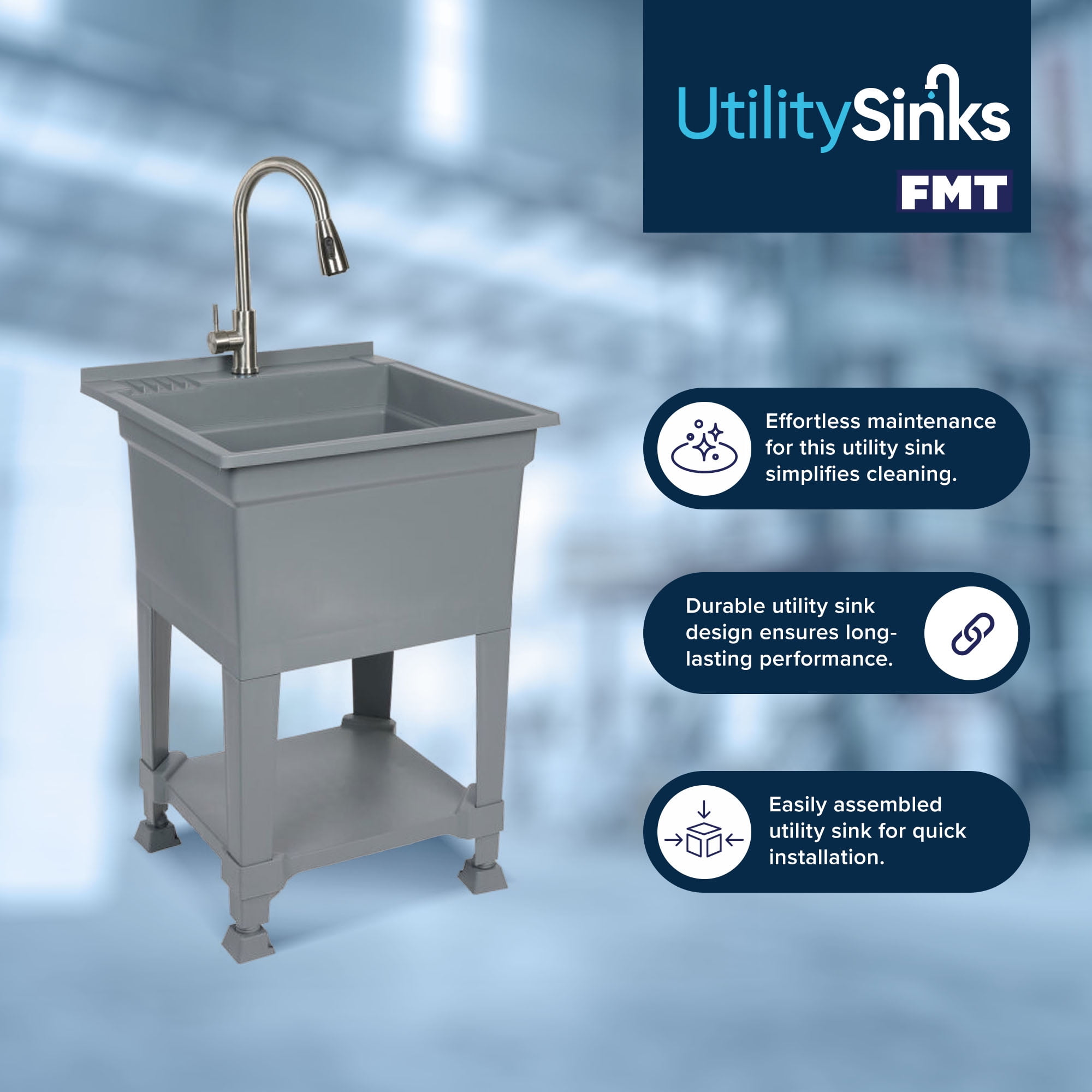 UTILITYSINKS Plastic 24" Freestanding Compact Workshop Utility Sink, Grey