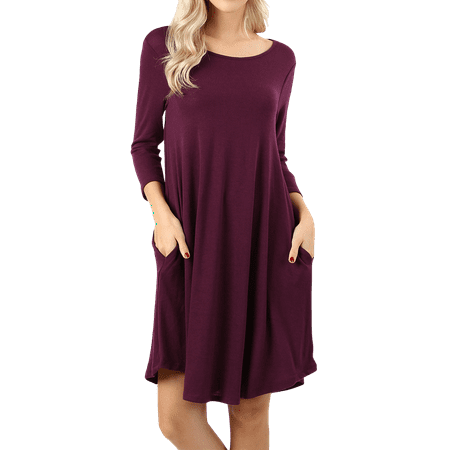 TheLovely - Women 3/4 Sleeve Round Hem A-Line Tunic Dress with Side ...