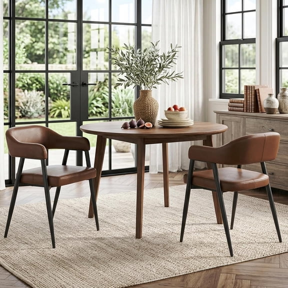 Modern Dining Room Arm Chairs Set of 2, Retro Faux Leather Upholstered Barrel Dining Chairs with Arms Mid-Century Brown Accent Chair with Metal Legs, Open-Back Kitchen Side Chair for Living Room