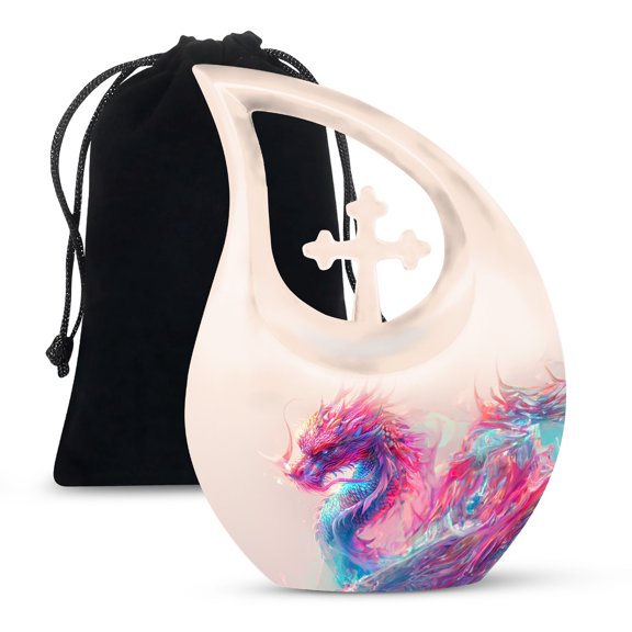 MUKTIVE Pink & Blue Dragon Burial Large Urns for Adult Male & Female Ashes - Cross Drop Urn for Ashes Human Adult Male & Female - Cremains Containers - Memorial Gifts for Loss of Family (10 Inch)