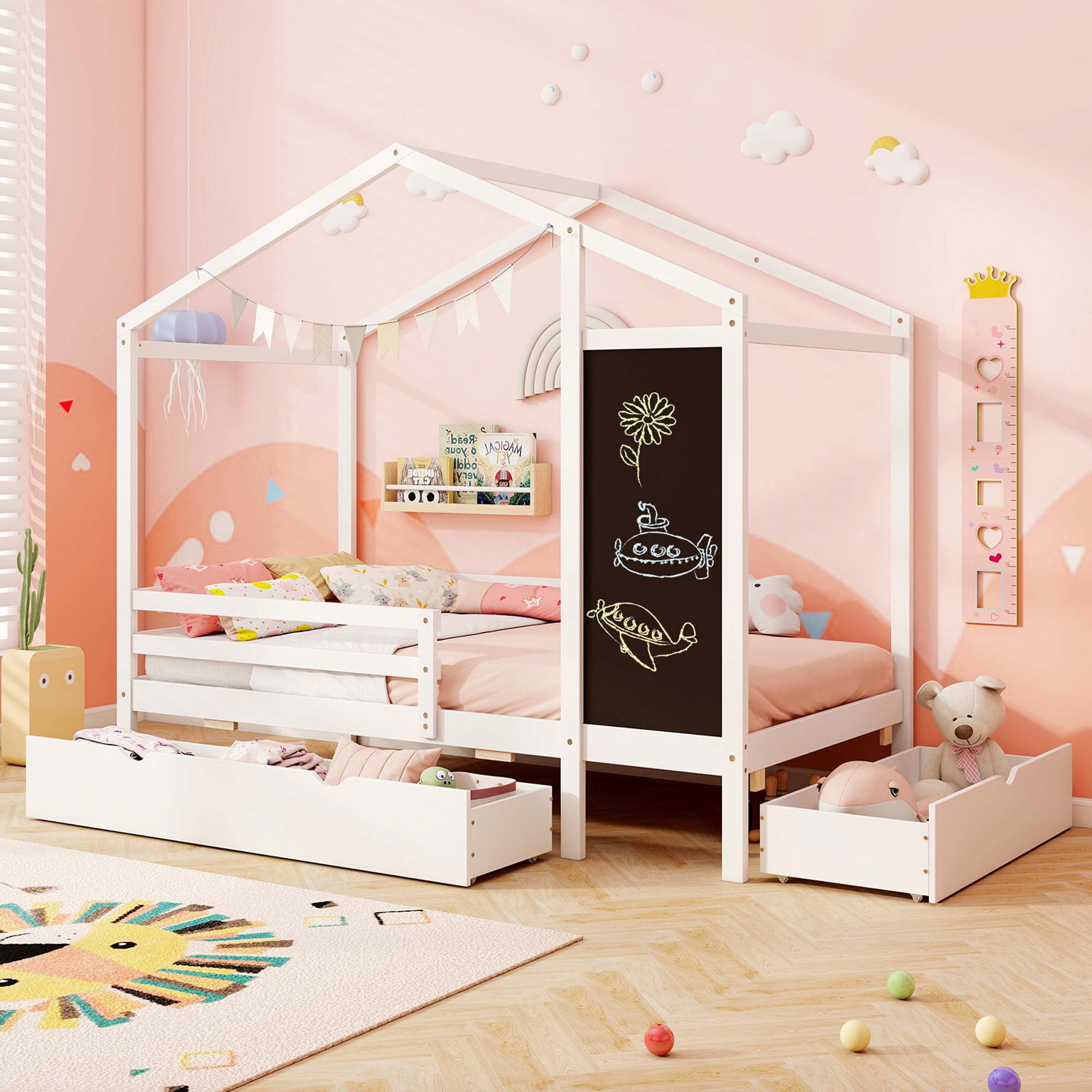 Costway Twin House Bed with 2 Storage Drawers Solid Wood Platform Bed with Blackboard White