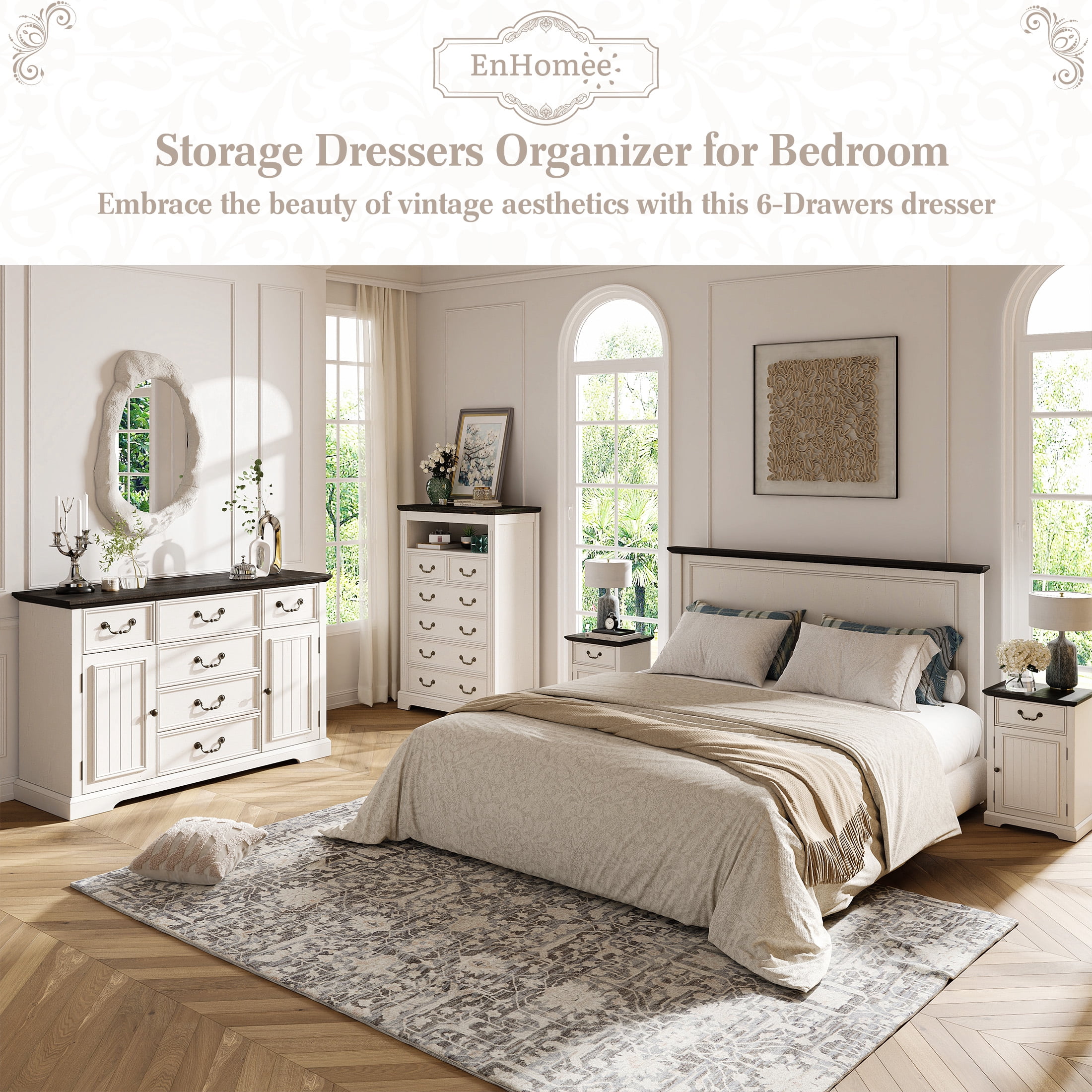 EnHomee 6 Drawers Dresser with Barn Door,Wooden White Dressers for Bedroom,Chest of Drawers for Living Room Entryway Hallway,47.2" Wx33.5 H x15.7 D