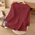 thumbnail image 5 of Dvprdro Womens 3/4 Sleeve V Neck Tops Embroidered Cotton Linen Blouses Vacation Going Out Tops Wine XL, 5 of 9