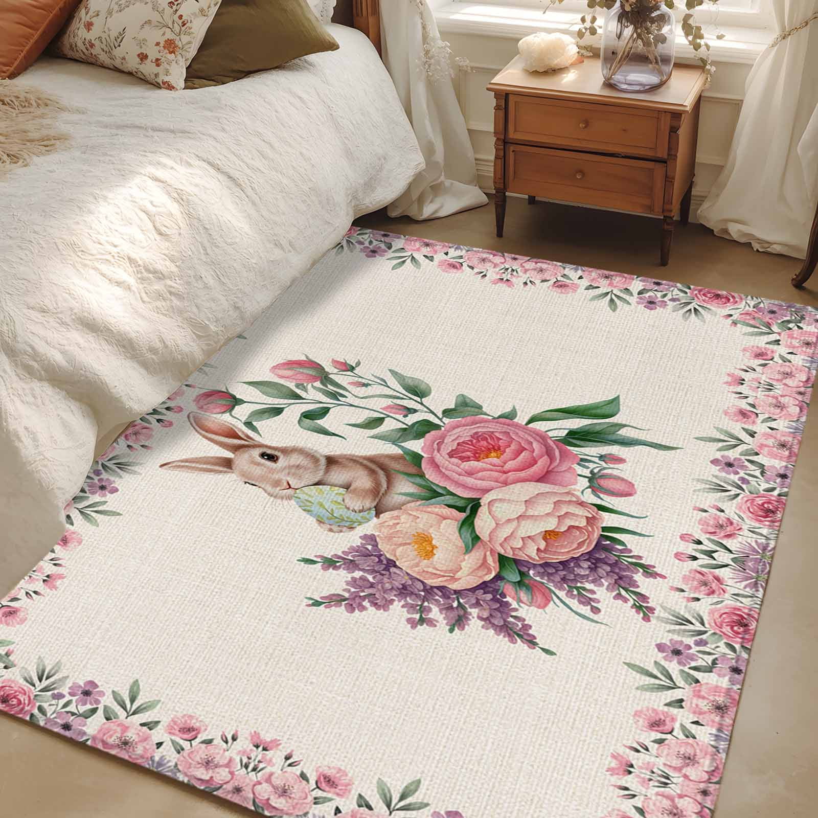 Easter Bunny Roses Area Rugs 2.7'x5', Washable Small Throw Rugs for Kitchen Bedroom, Pink Floral Spring Linen Indoor Outdoor Rug Non-Slip Low Pile Carpet Runner Reversible Floor Mats