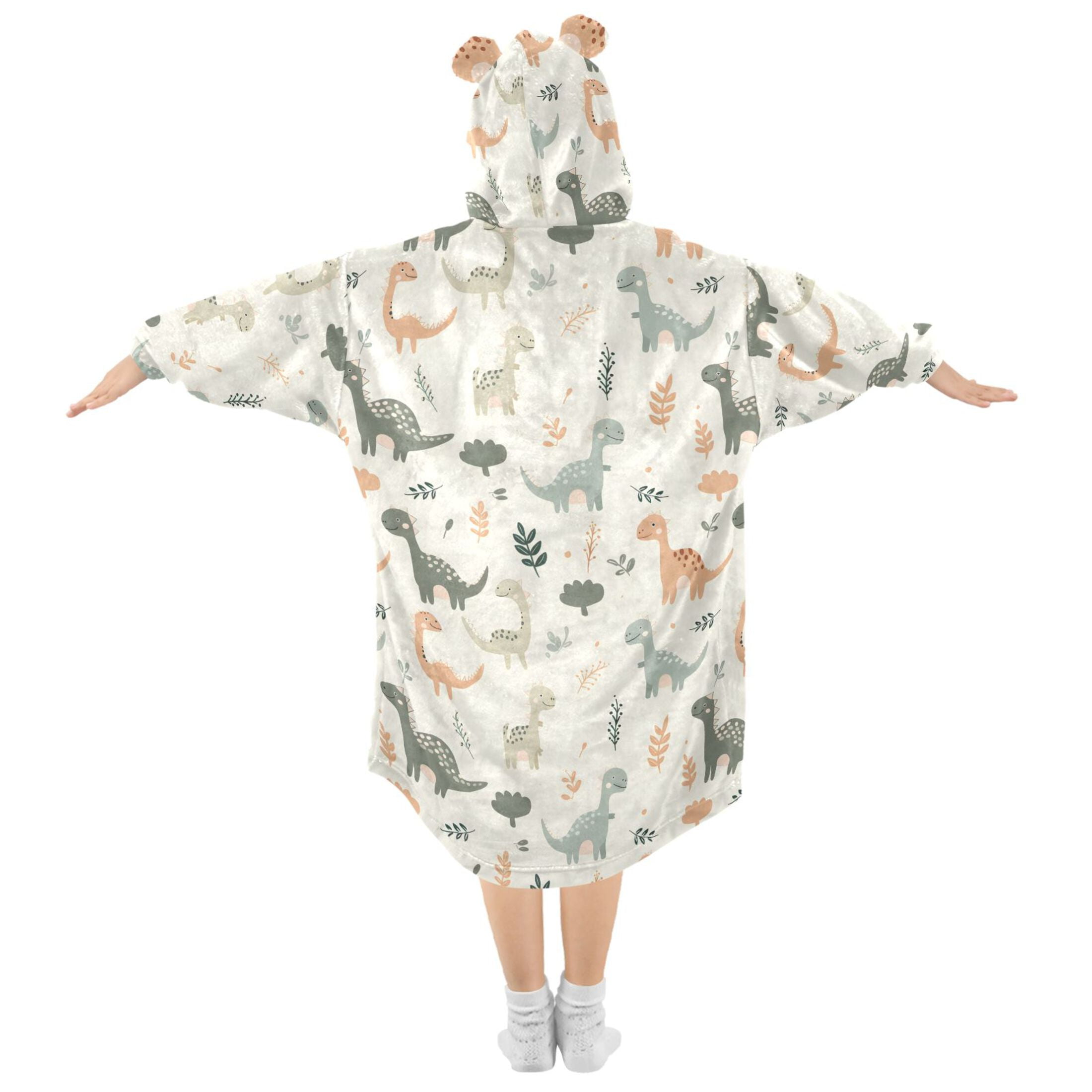 Dailycode Wearable Blanket Hoodie Oversized Sherpa Flannel Blankets with Pocket for 3-14 Year Old Cartoon Dinosaurs and Leaves