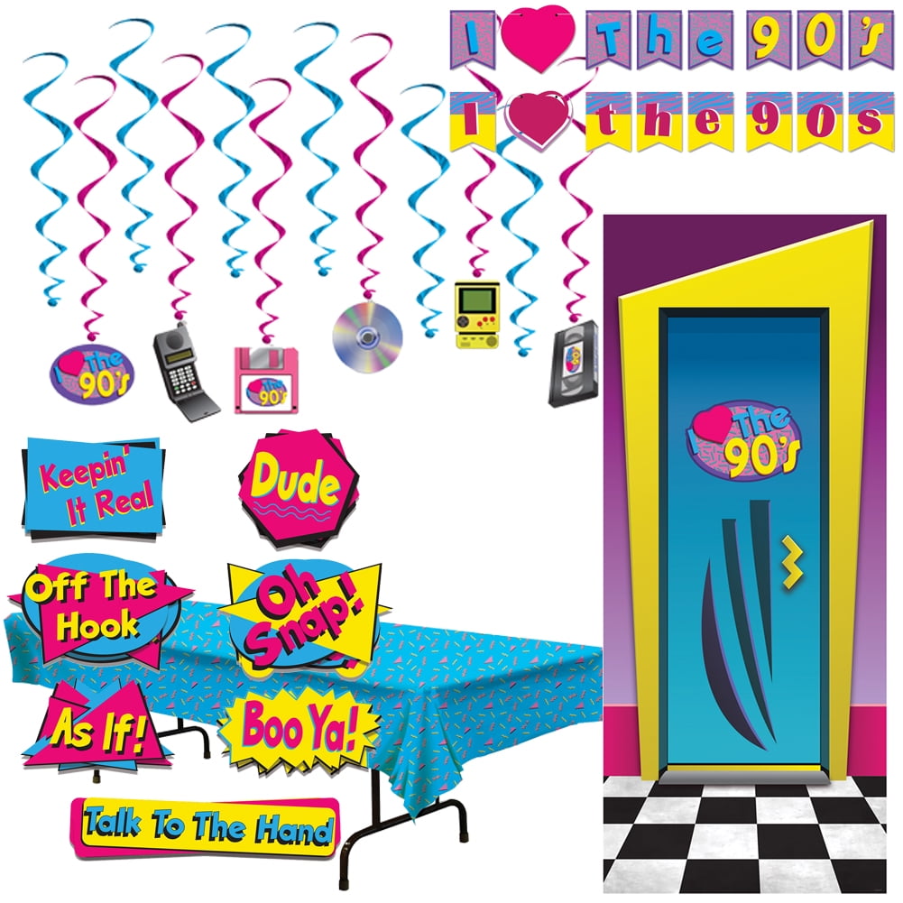 90's Theme Hip Hop Party Supplies Decorations Cut Outs Door Cover Tablecloth Whirls Banner Signs Set Kit Bundle…