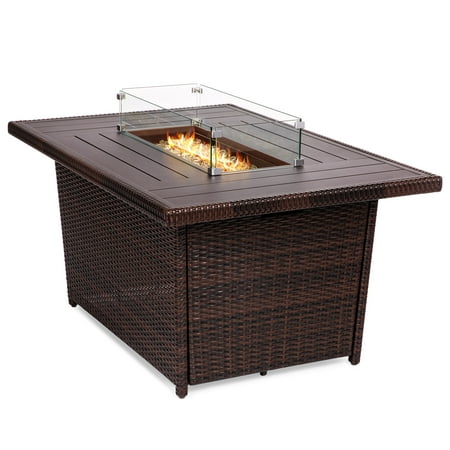 Slide Out Pot Lid Holder Best Choice Products 52-inch 50,000 BTU Outdoor Wicker Patio Propane Gas Fire Pit Table with Aluminum Tabletop, Glass Wind Guard, Clear Glass Rocks, Cover, Slide Out Tank Holder, and Lid, Brown ()