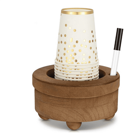 Wooden Cup Holder with Marker Slot Brown Cup Holder Dispenser Disposable Mug Dispenser for Party Decoration Bathroom,1 * Cup holder 1 * Pen,As Shown
