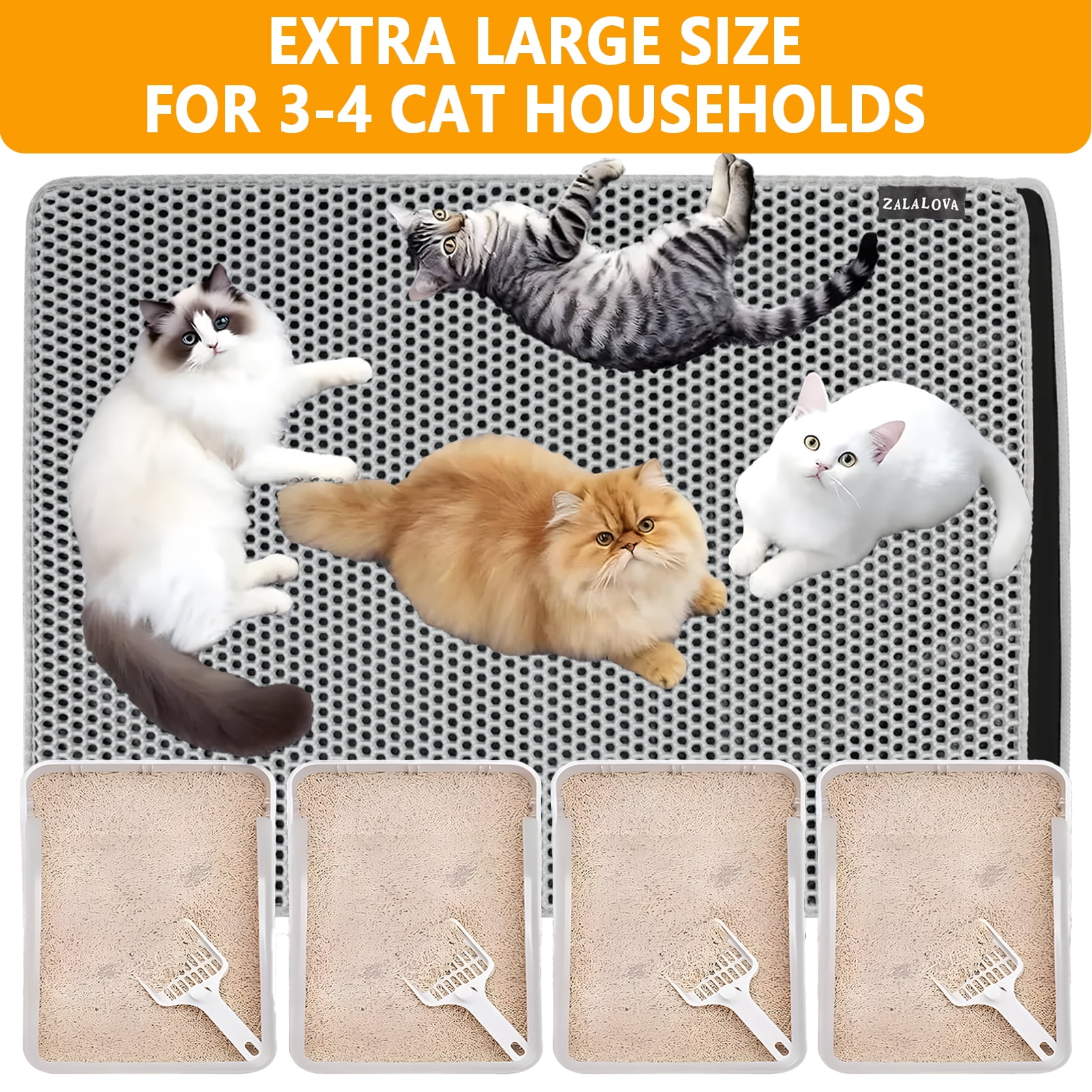 ZALALOVA Cat Litter Mat Extra Large XL 48" x 36" Trapping Mat for Cat Litter Box Matt for Floor-2 Layer Rug for Pet Kitty Box-Waterproof Urine Proof,Non-Slip (Grey)