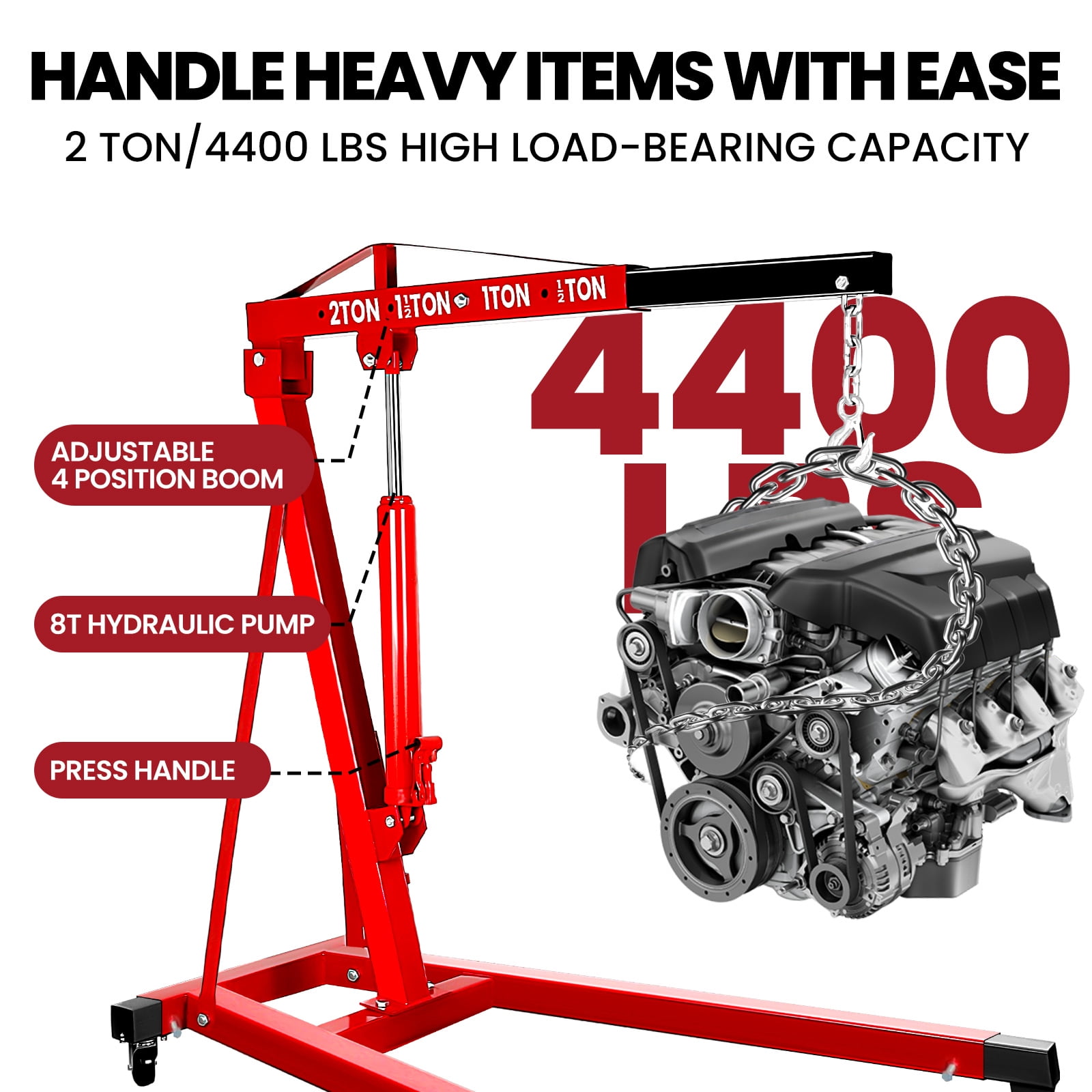 2 Ton Hydraulic Garage Crane, Red Alloy Construction, Adjustable Arm, Engine Crane, Hydraulic Repair Lift, Auto Workshop, Factory Equipment