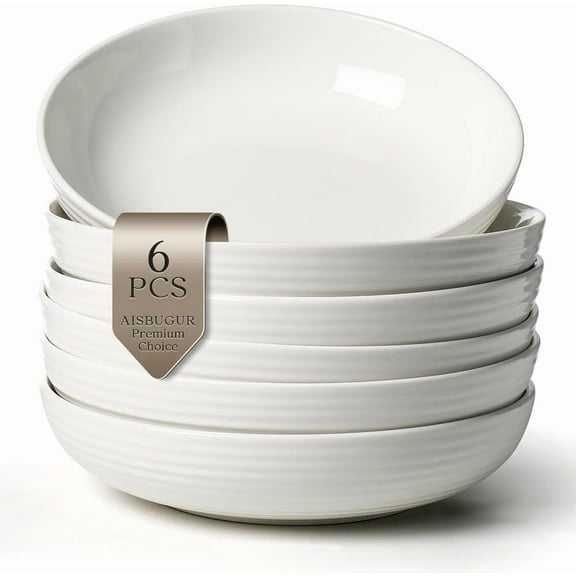 38oz Ceramic Pasta Plates collection of 6,  8.7" Salad Bowls Serving Bowls,  White Blates designed for Eating,  Wide & Shallow Bowls Plates designed for Serving Dinner,  Microwave Dishwasher Safe, Pa