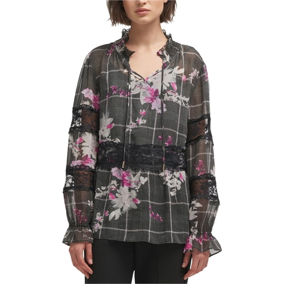 DKNY Womens Lace-Trim Pullover Blouse, Black, Medium