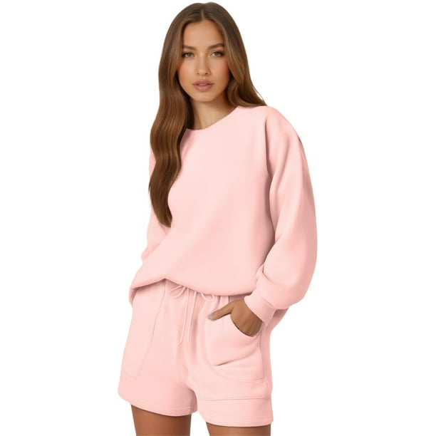 Conjunto de camiseta de manga larga y pantalones cortos para mujer - Conjunto informal con cordón y bolsillos - Tejido de poliéster - S-XXXL