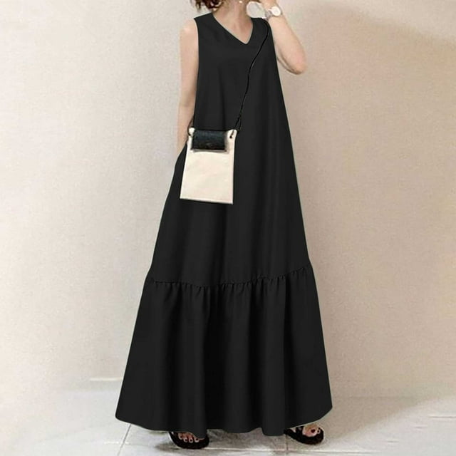 Meichang Robes Longues Maxi Sans Manches pour Femmes 2025 Été Col en V Coton Lin Robes d'Été Évasées Coupe Ample Ourlet à Volants Longue Robe Femmes Robes d'Été Liquidation