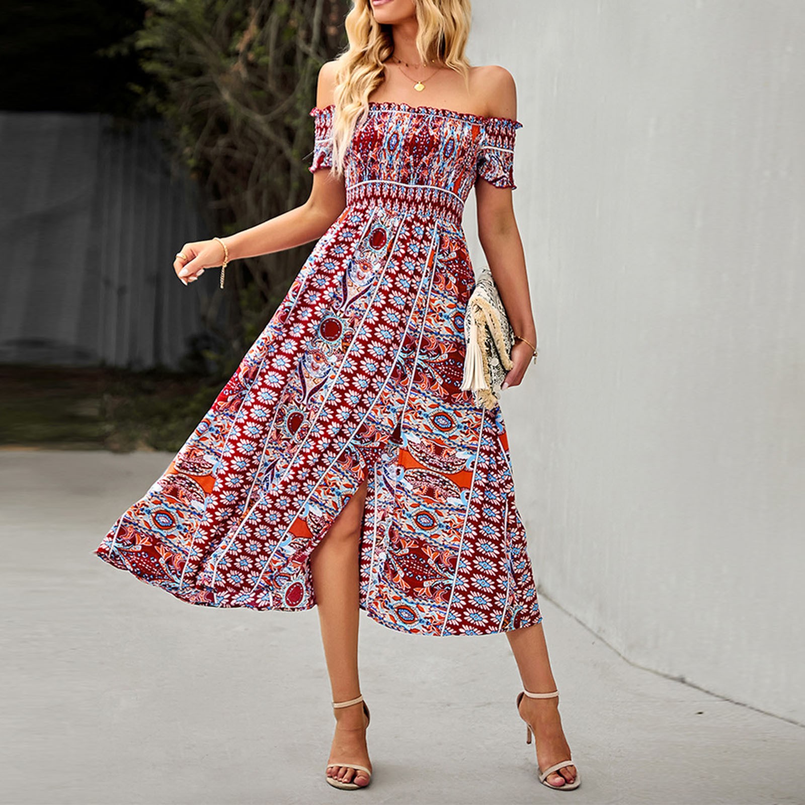 TOTO Maxi Dresses For Women Short Sleeve Boho Flowy Off The Shoulder ...