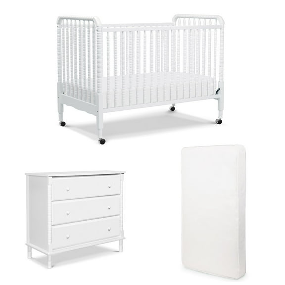 Jenny Lind 3 in 1 Convertible Crib with 3 Drawer Dresser in White and Free Hypoallergenic Universal Fit 6 inch Ultra Firm Deluxe Crib Mattress